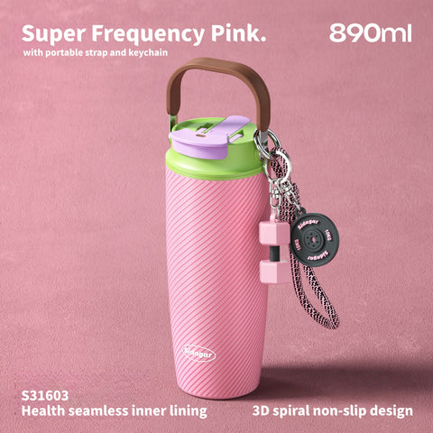 890ml Dazzling Color Stainless Steel Tumbler with Dual-Drink Lid & Textured Grip - Trendy Insulated Water Bottle for Travel & Gym