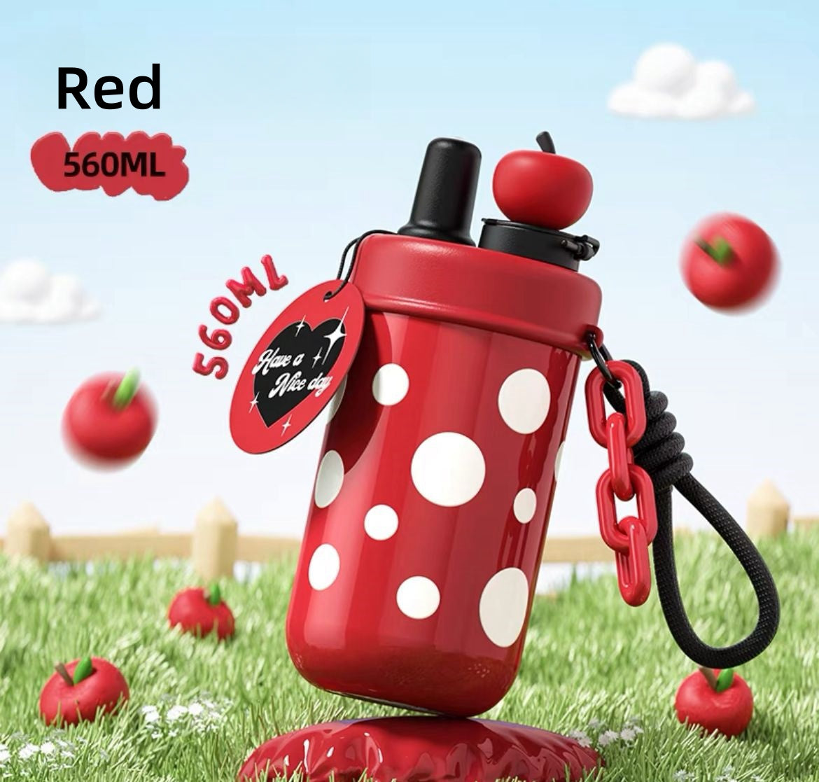 560ml Stainless Steel & Ceramic Thermos Bottle with Cute Apple Design – Insulated, Portable, Leak-Proof Travel Mug for Kids and Adults