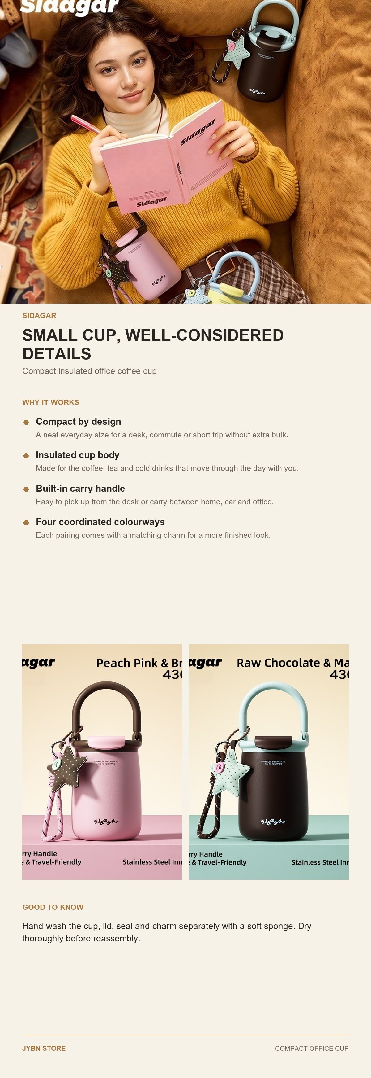 Sidagar Compact Insulated Office Coffee Cup product details and care guide