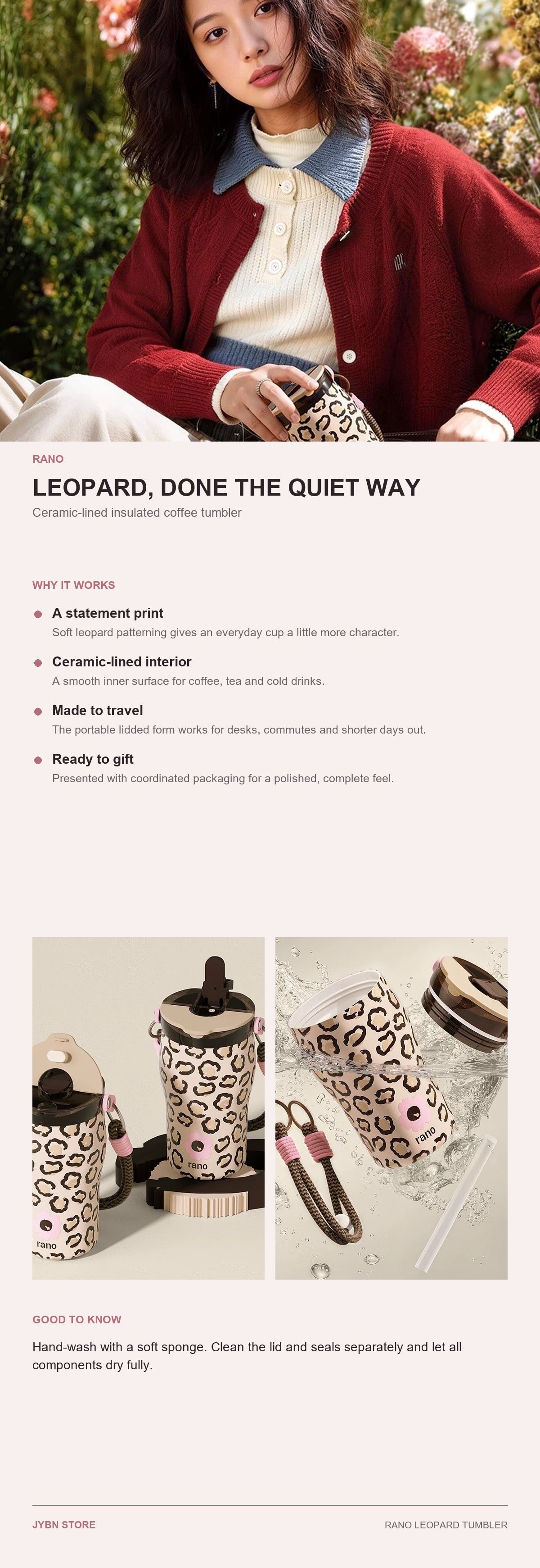 RANO Leopard Ceramic-Lined Insulated Coffee Tumbler product details and care guide