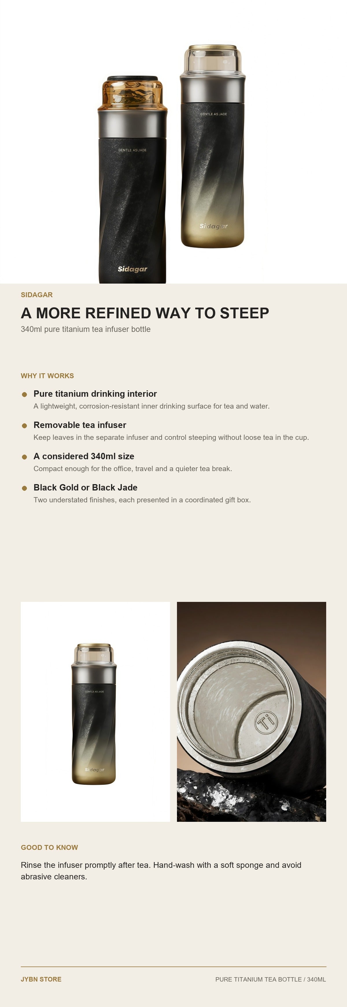Sidagar 340ml Pure Titanium Tea Infuser Bottle Gift Set product details and care guide
